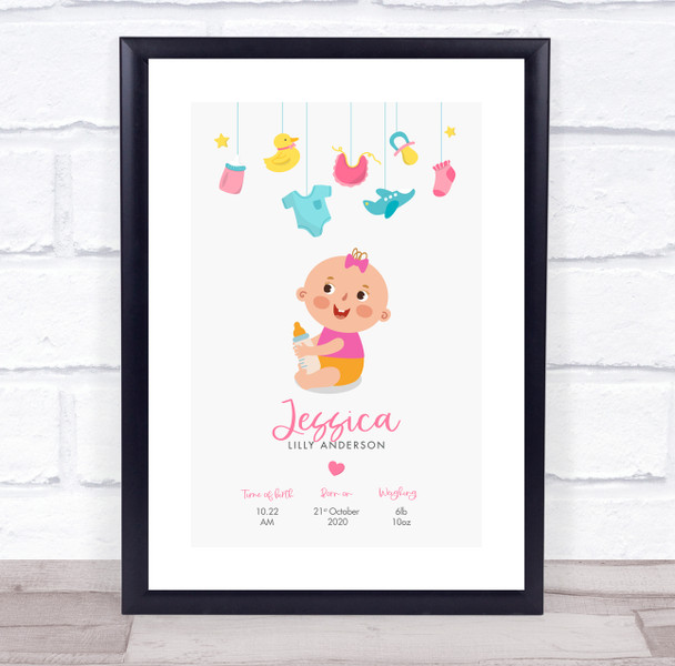 New Baby Birth Details Christening Nursery Girl Toys Keepsake Gift Print