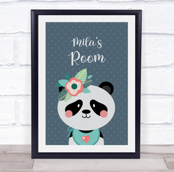 Panda With Flowers Blue Room Personalised Children's Wall Art Print