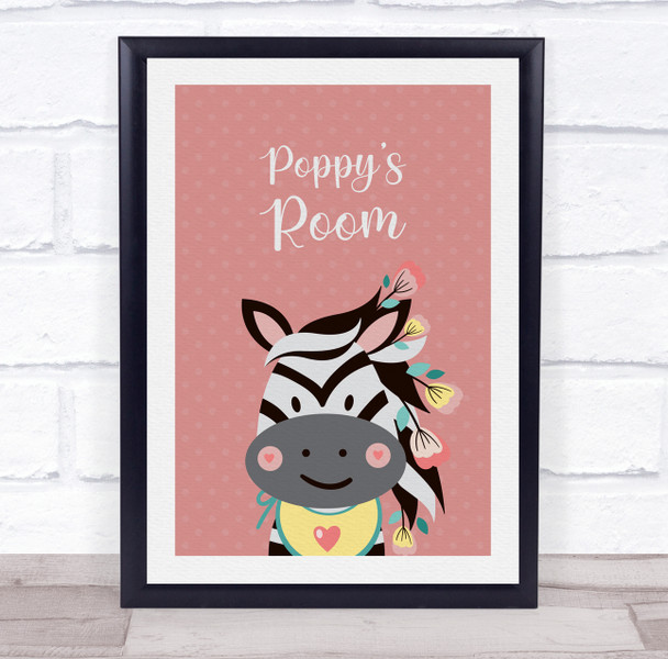Zebra With Flowers Pink Room Personalised Children's Wall Art Print