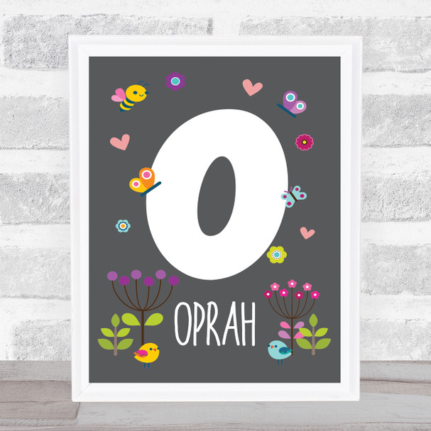 Grey Floral Butterfly Bird Initial O Personalised Children's Wall Art Print
