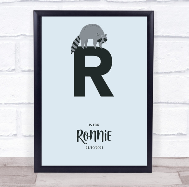 Initial Letter R With Racoon Personalised Children's Wall Art Print