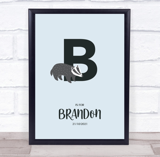 Initial Letter B With Badger Personalised Children's Wall Art Print