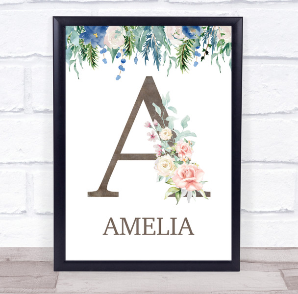 Floral Any Name Initial A Personalised Children's Wall Art Print