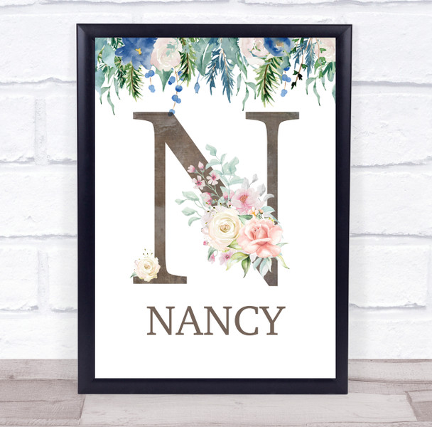 Floral Any Name Initial N Personalised Children's Wall Art Print