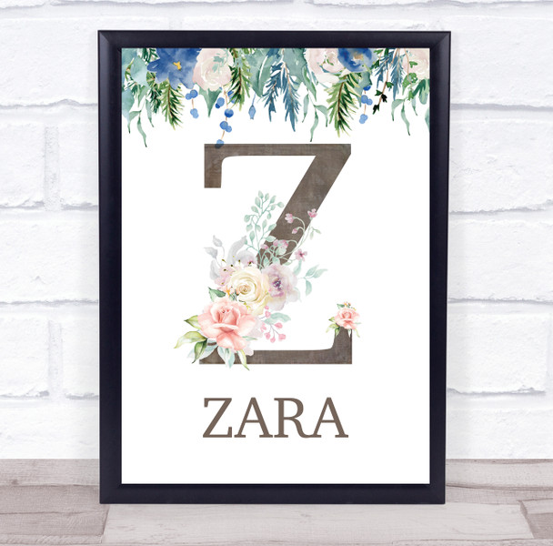 Floral Any Name Initial Z Personalised Children's Wall Art Print