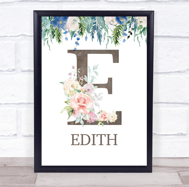 Floral Any Name Initial E Personalised Children's Wall Art Print