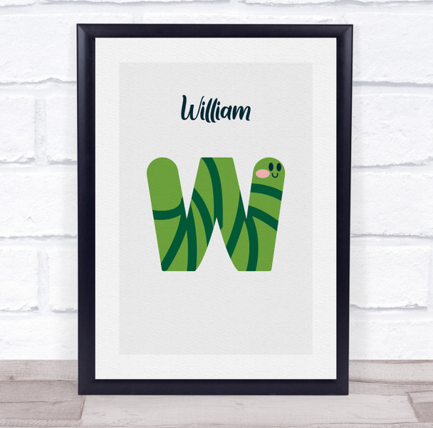 Worm Initial Letter W Personalised Children's Wall Art Print