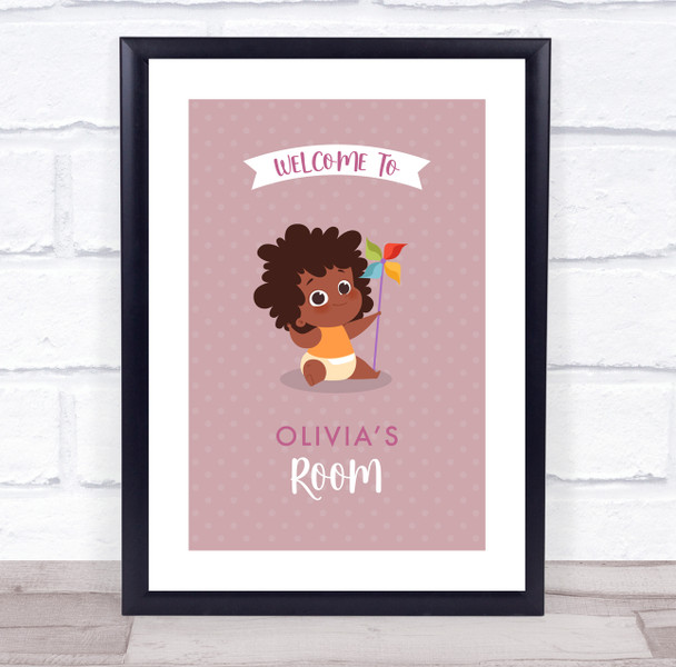 Dark Skin Baby Girl Playing Toy Room Personalised Children's Wall Art Print