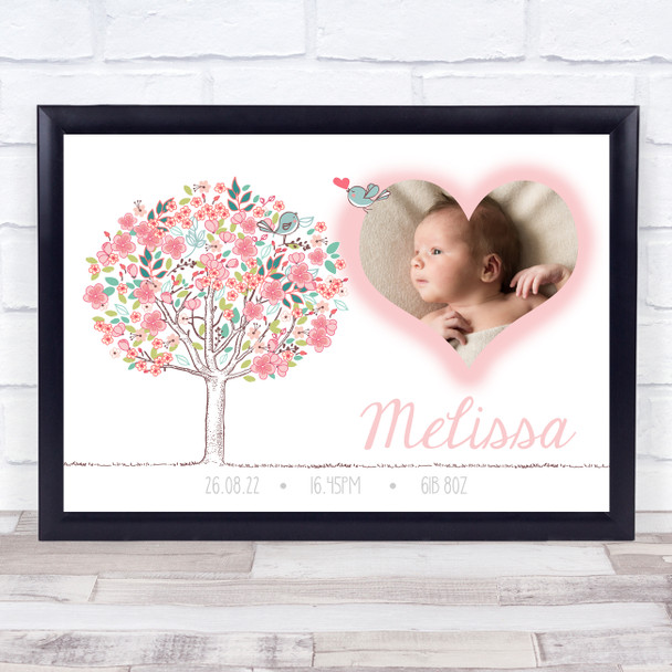 New Baby Birth Details Christening Nursery Pink Tree Photo Keepsake Gift Print