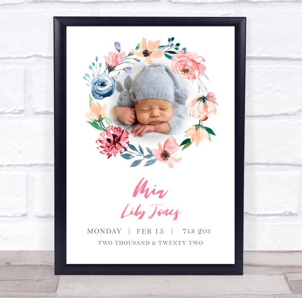 New Baby Birth Details Nursery Christening Floral Photo Frame Gift Print