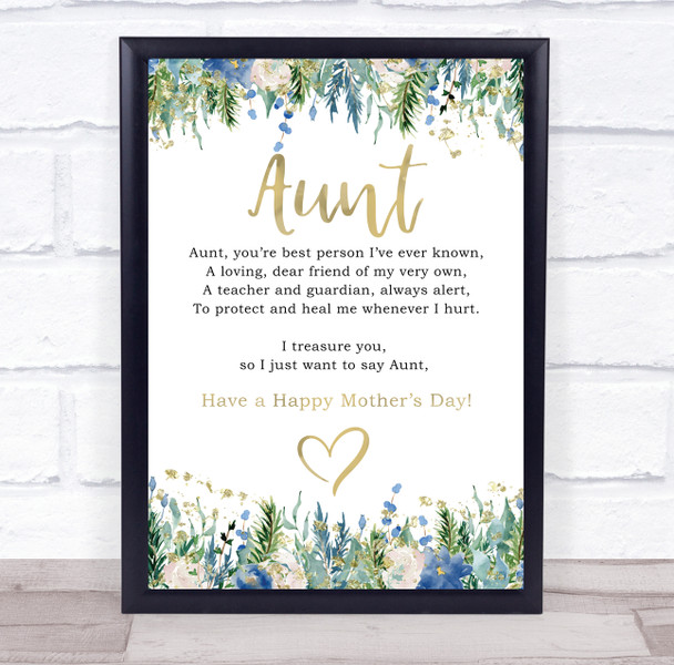 Blue Floral & Gold Mothers Day Poem Aunt Personalized Gift Art Print