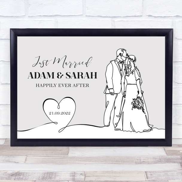Just Married Wedding Day Line Art Details Personalized Gift Art Print