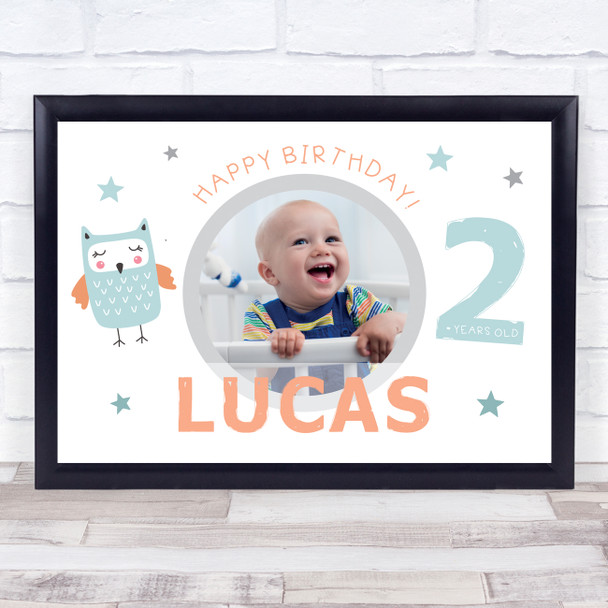 2nd Birthday Boy Cute Owl Photo Personalized Gift Art Print