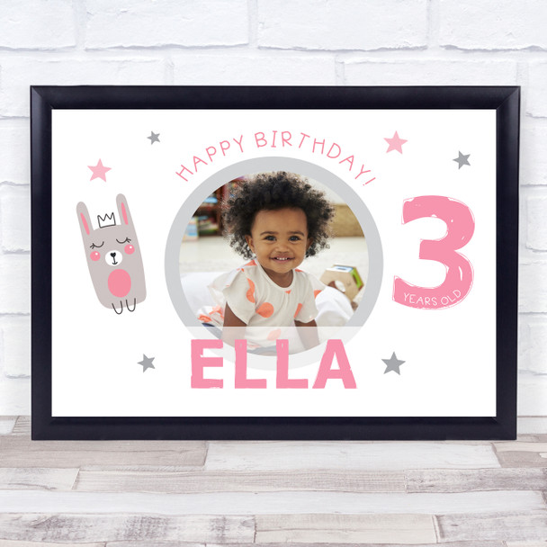 3rd Birthday Girl Pink Cute Bunny Photo Personalized Gift Art Print