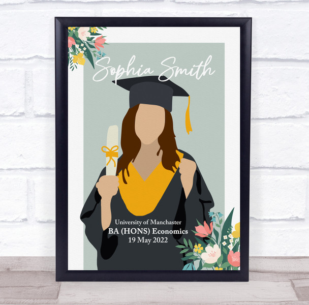 Brown Hair Graduation Girl With Diploma Personalized Wall Art Gift Print