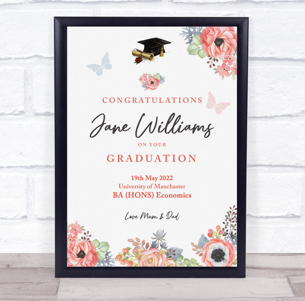 Floral And Butterflies Congratulations Graduation Personalized Gift Print