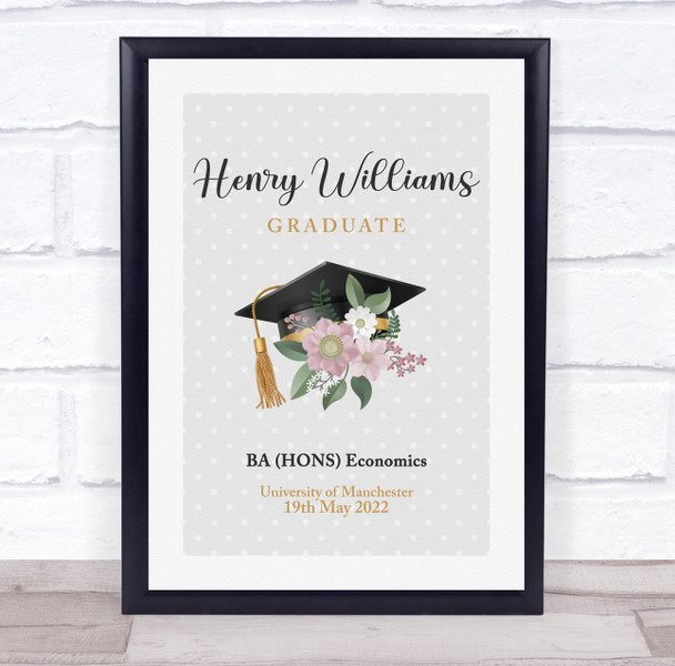 Graduation Cap And Flowers Congratulations Personalized Wall Art Gift Print