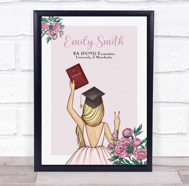 Pink Flowers Blonde Girl Graduate Girl Graduation Congratulations Gift Print