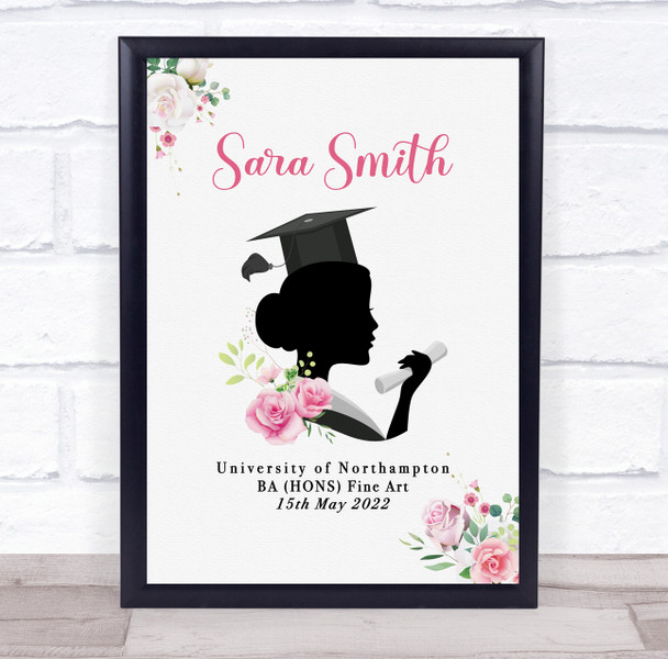 Silhouette Of Woman With Graduation Hat And Pink Flowers Personalized Gift Print