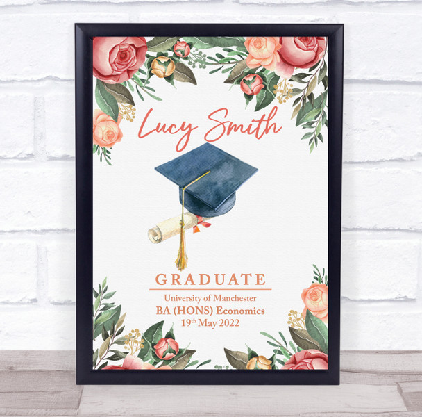 Watercolour Graduation Cap And Diploma With Flowers Personalized Gift Print