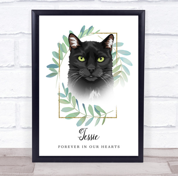 Black Cat Memorial Forever In Our Heart Green Leaves Personalized Gift Print