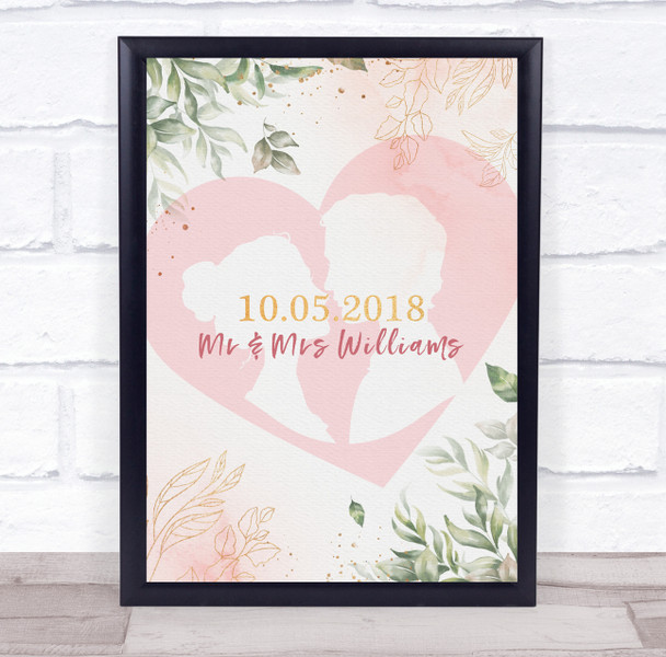 Floral Silhouettes Loving Couple Anniversary Pink Personalized Gift Print