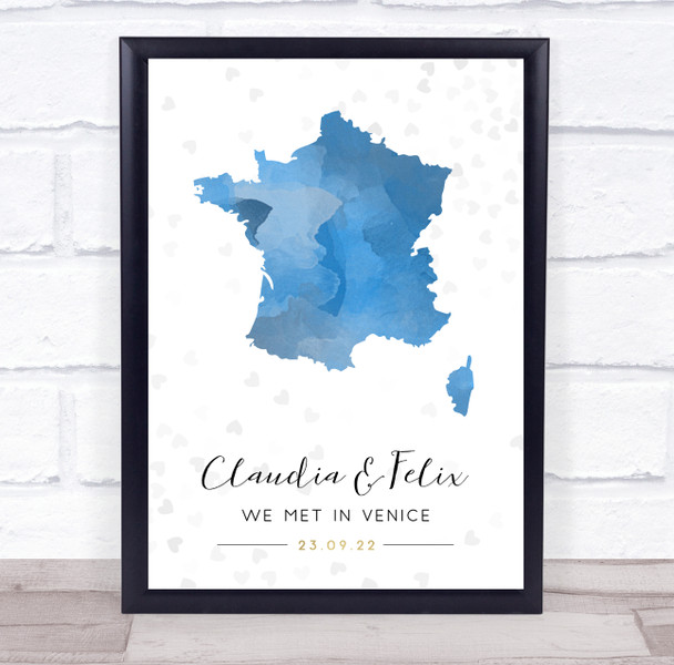 France Special Date Watercolour Blue Grey Hearts Personalized Gift Print