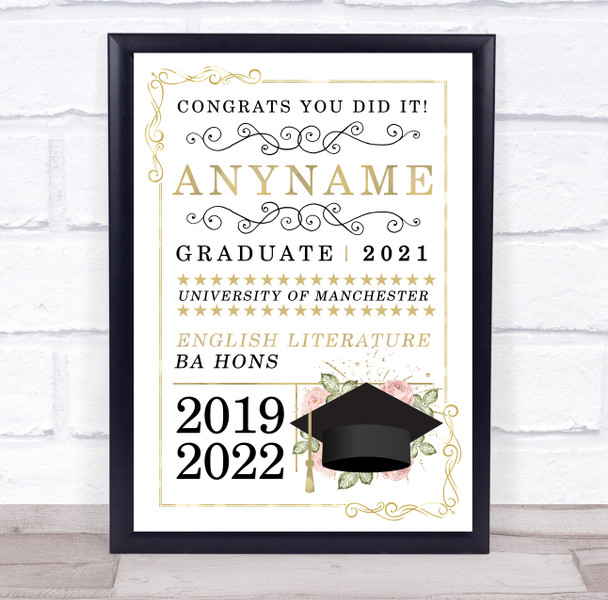 Graduation Celebration University Gold & Pink Rose Personalized Gift Print