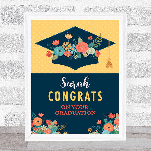 Graduation Hat Pretty Flowers Congrats Navy Yellow Personalized Gift Print