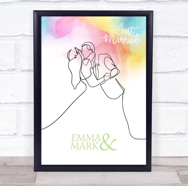 Rainbow Watercolour Wash Wedding Line Art Couple Personalized Gift Print