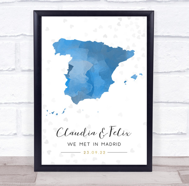 Spain Special Date Watercolour Blue Grey Hearts Personalized Gift Print