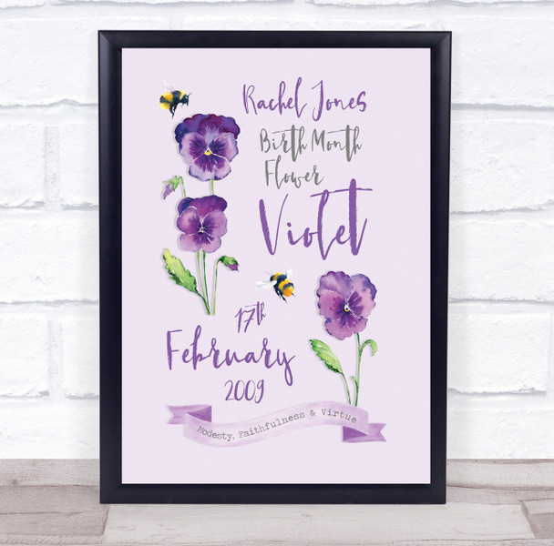 Watercolour Violet February Birthday Month Flower Bee Personalized Gift Print