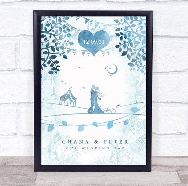 Wedding Celebration Date Vintage Watercolour Blue Personalized Gift Print
