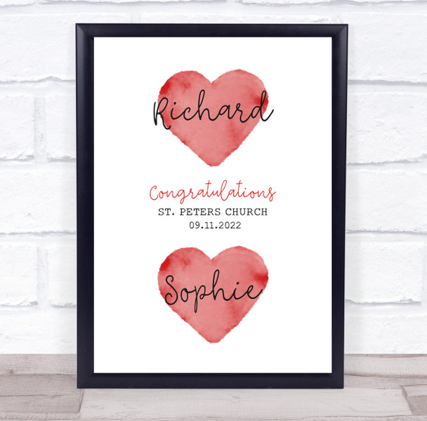 Wedding Day Married Two Love Heart Names Painted Red Personalized Gift Print