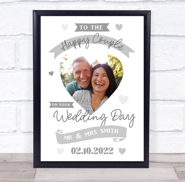 Happy Couple Wedding Photo Silver Typographic Heart Personalized Gift Print