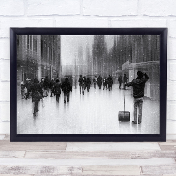 City Street Shovel Facade Urban Crowd Black & White Cityscape Snow Snowing Print