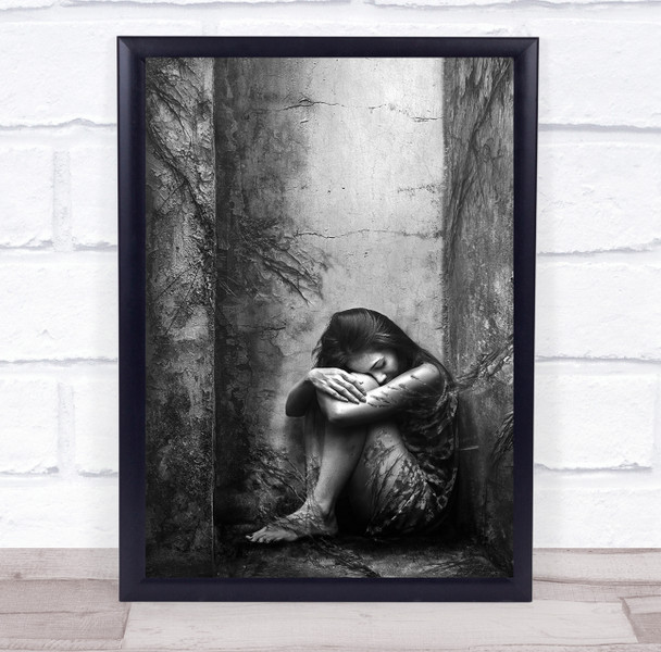 Conceptual Black & White Girl Woman Sad Wall Abandoned Lonely Plants Crack Print