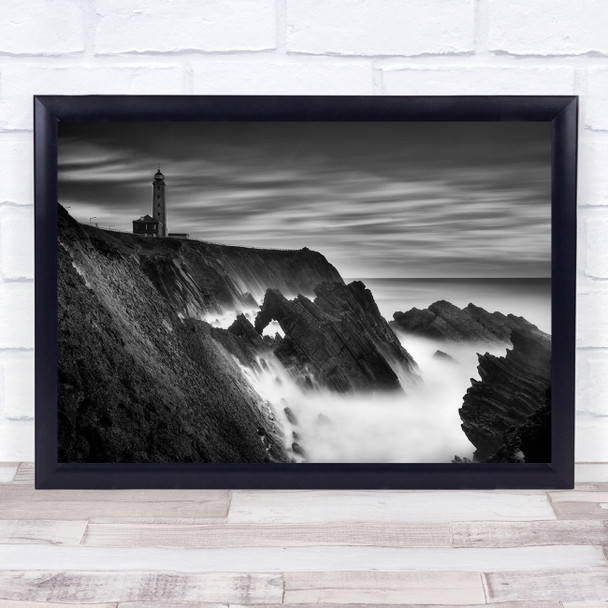 Lighthouse black and white Seascape Sea Rocks Water Clouds Beacon Wall Art Print
