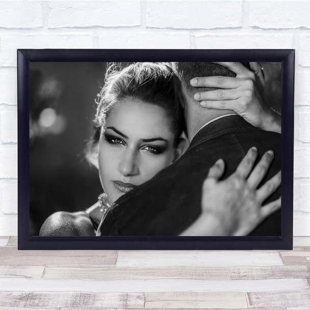 Passion Woman embracing man holding head close up black and white Wall Art Print