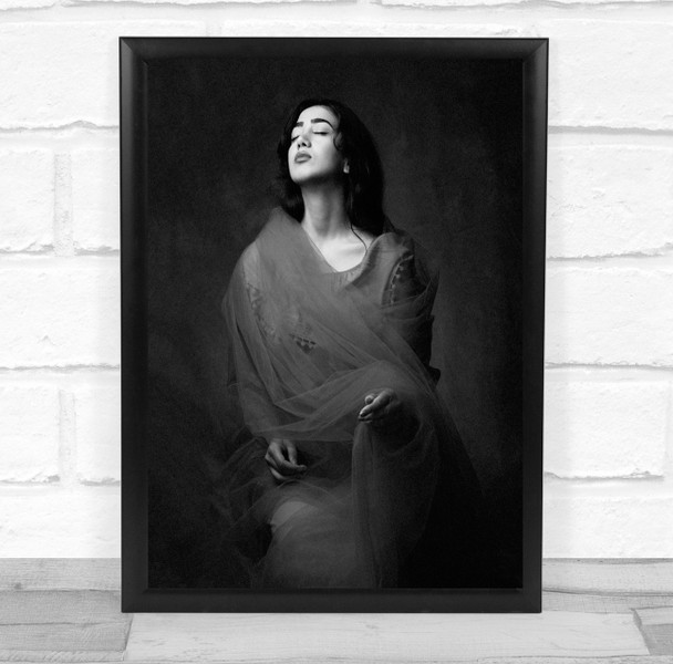 Girl Model Woman Face Closed Eyes Dress Black White Portrait Mood Emotion Print