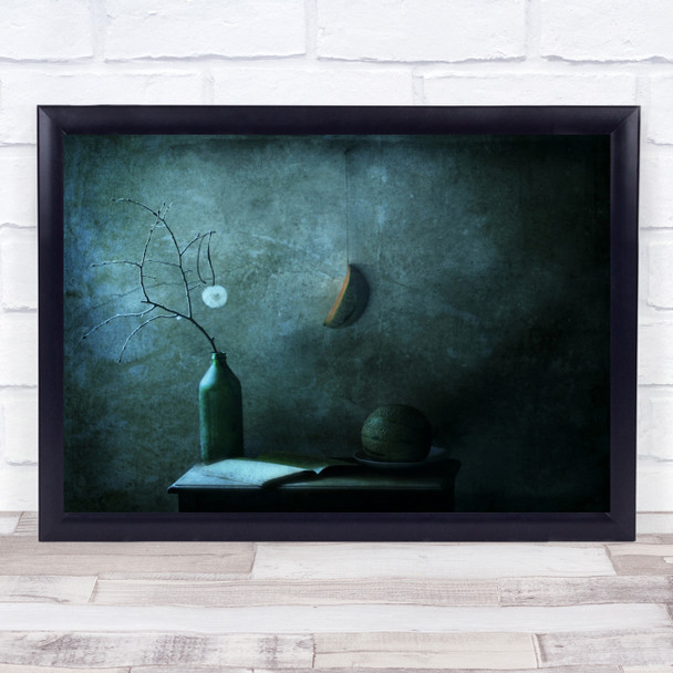 Conceptual Blue Table Book Bottle Branch Leaves Watermelon Toned Wall Art Print