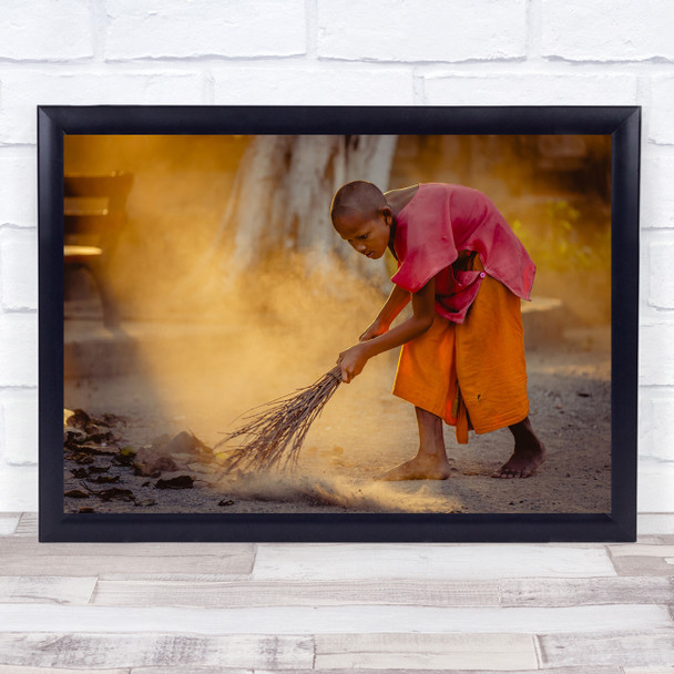 Monk Sweeping Siem Reap Cambodia Light Dust Clean Broom Cleaning Wall Art Print