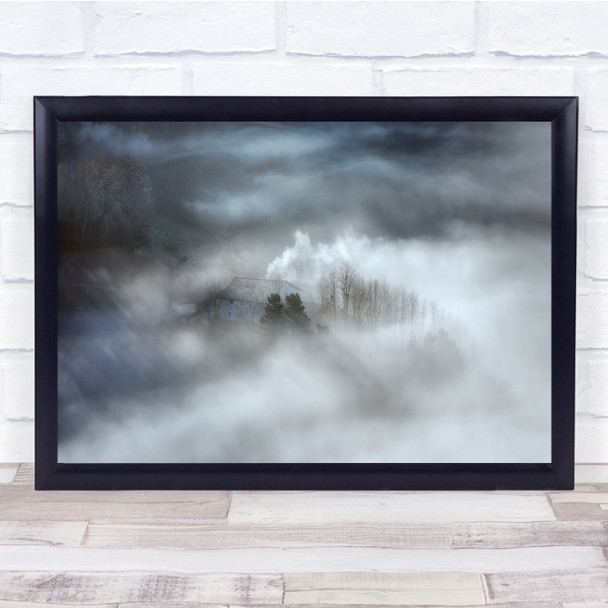 Moody Grey Landscape With House In The Fog Mists Smoke Landscape Wall Art Print