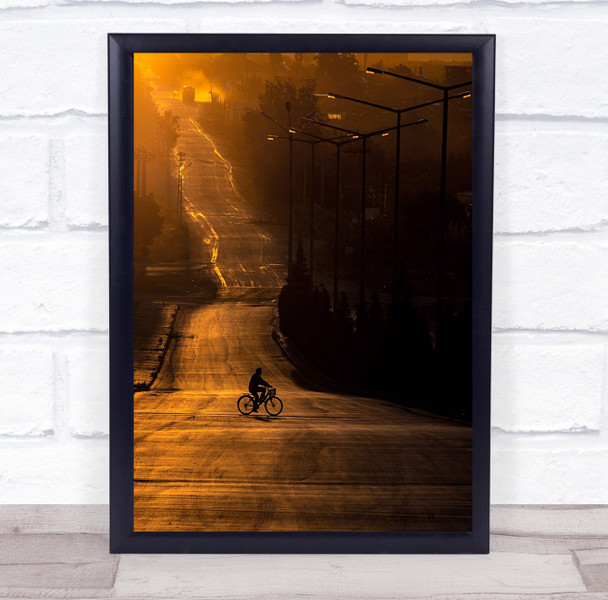 Road Way bike Orange Gold Golden Urban City Village Sunrise Dawn Wall Art Print