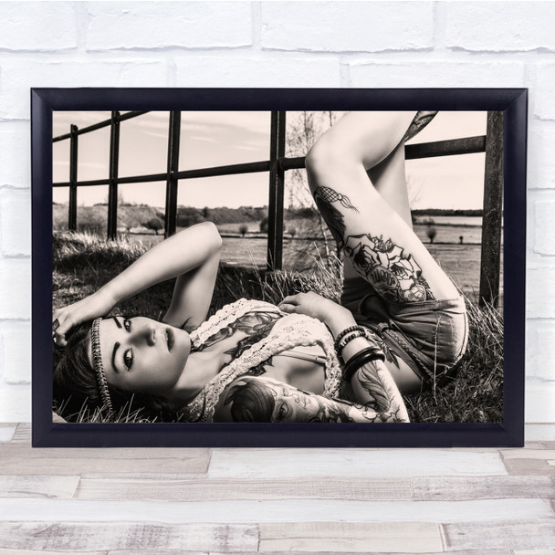 Tattoo Portrait Woman Fence Contryside Person Sensual Sensuality Wall Art Print