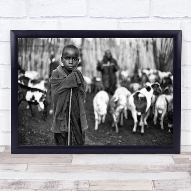 Stick Cane Shepherd Black & White Documentary Livestock Cattle Bokeh Boy Print