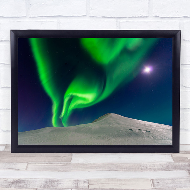 Aurora Iceland Landscape Night Moon Northern lights Winter Snow Wall Art Print