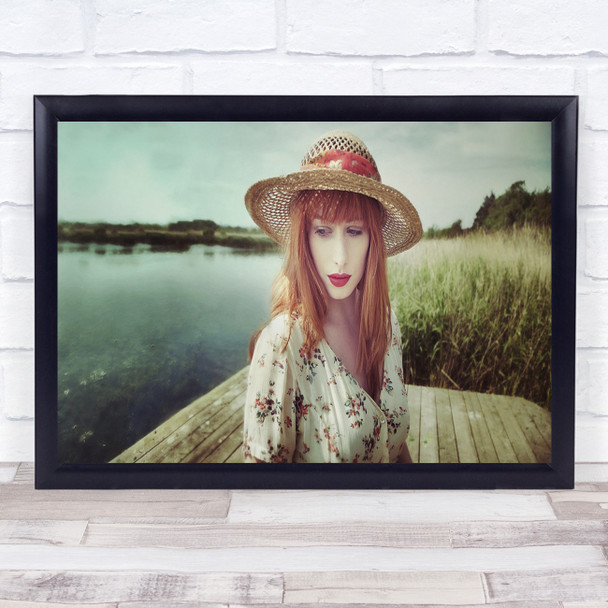 Hat Straw Bridge Lake Water Retro Vintage Classic Face Portrait Wall Art Print