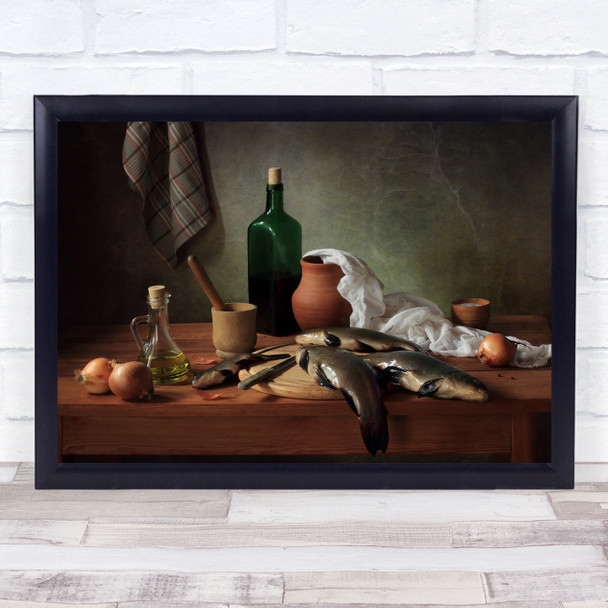 Still Life Bottle Oil Olive Fish Food Onion Onions Cooking Cook Wall Art Print