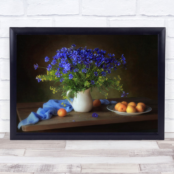 Apricot Apricots Blue Bouquet Flower Flowers Vase Fruit Fruits Wall Art Print